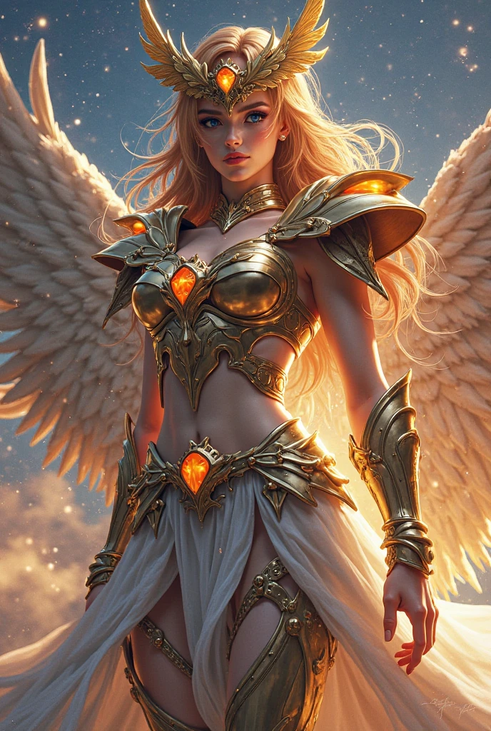 (best quality:1.2,comics art:1.1,vivid colors,beautiful vintage angel warrior woman with very big big wings),((white dress with gold embroid details)),little breasts, determined angry face expression,(((corpo de frente para o observador))), (((segurando uma espada))), alphonse mucha style,Intricate flowery background,vivid colors,soft lighting)