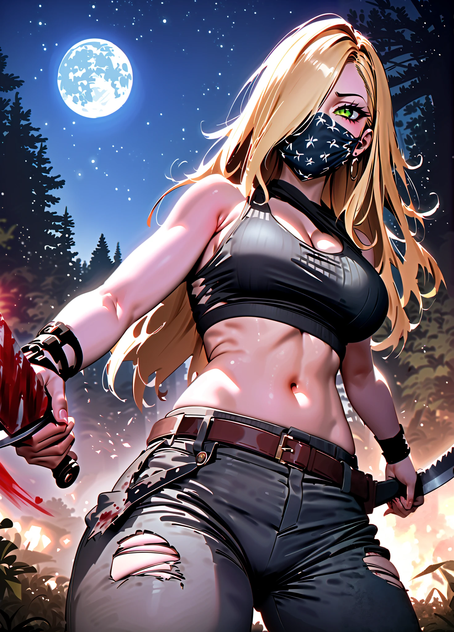 masterpiece, best quality, absurdres, perfect quality, absolutely eye-catching, ericaslaughter, 1girl, blonde hair, ponytail, hair over one eye, green eyes, tank top, belt, pants, bandana, bandana around mouth, mouth mask, night, forest, moon, dual wielding, machete, fighting, midriff, torn clothes, blood, blood on clothes, blood on weapon