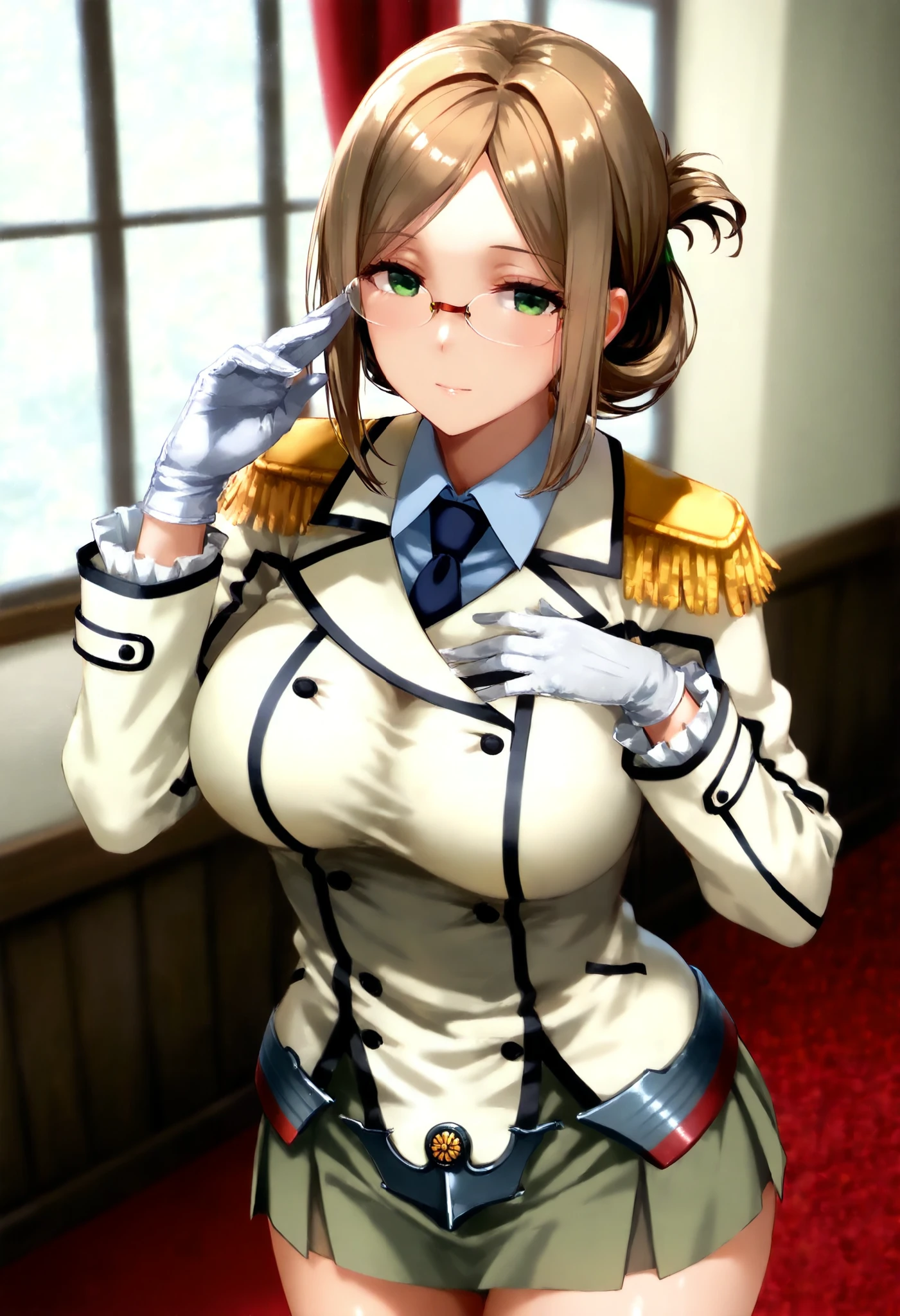Lina Peacecraft,Lina Dorian,茶color髪,Long Hair,Low Ponytail,Her hair is tied in a ponytail with a black ribbon.,put your right hand on your Waist,European military uniforms,Gathering of nobles,venue,indoor,NSFW during the day,Official Art,Highly detailed CG Unity 8K wallpaper, Perfect lighting,colorful, bright_front_face_Light Nastar Piece:1.0),(Highest_quality:1.0), 超High resolution,4K,Very detailed,
photograph, 8K, High resolution, High resolution, Confused:1.2, Kodak Portrait 400, Film Grain, Blurred Background, Bokeh:1.2, Lens flare, (Vibrant_color:1.2)
(beautiful,big_chest:1.4), (beautiful_face:1.5),(narrow_Waist),Nipples are visible、