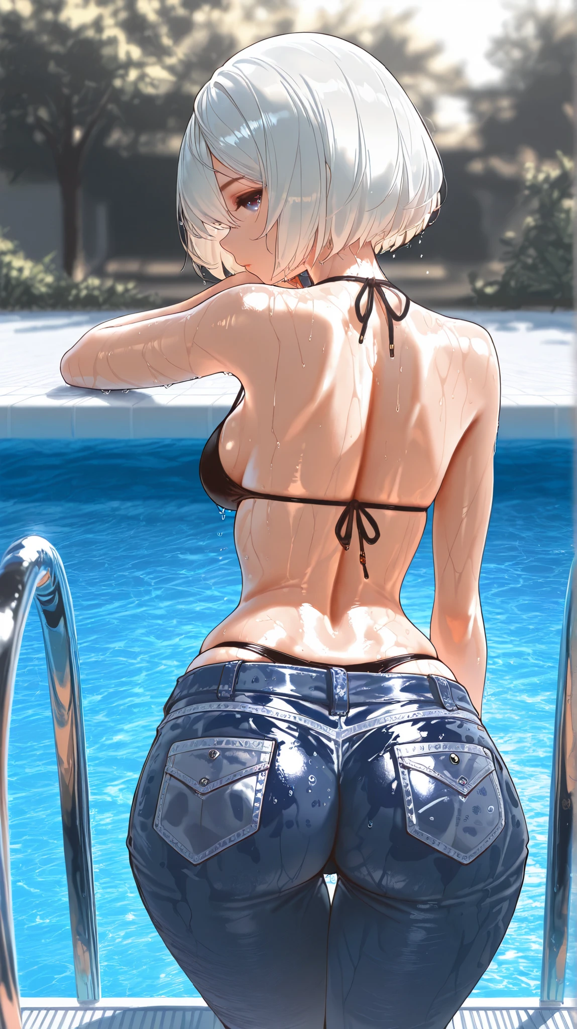 masterpiece, best quality, quality, YorHa No.2 Type B, looking at the viewer, body rear view, short top, apenas_shoulder, medium breasts, wide hips, wet, shorts jeans, ( bikini under clothes ), Fresh-bodied , outdoor, by the pool, shadow