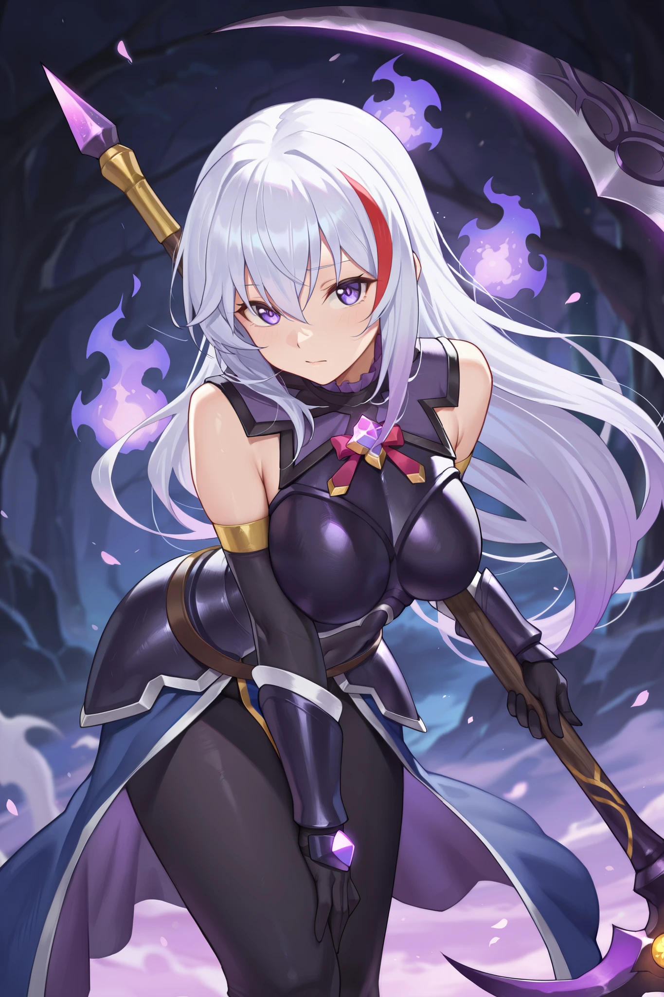 masterpiece, best quality, amazing quality, newest, very aesthetic, 1girl, an intense, evocative portrait from (konosuba) art-style,A woman with white hair streaked with purple strands and glowing purple eyes. She wears a lightweight black and purple armor that leaves her shoulders exposed. She wields a scythe with a white handle and a purple flaming blade. Her hands rest on top of the scythe as she leans slightly forward, gazing intensely at the viewer.