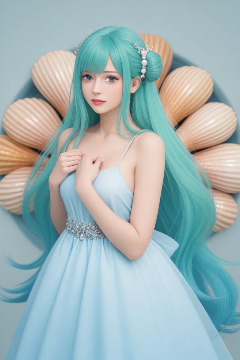 um close up de uma pessoa usando um headpiece brilhante com uma coroa sobre ele, Retrato de uma rainha ciborgue (Aqua do anime KonoSuba), Beeple e James Jean, Beeple-style hybrid blend, inspirado em Mike Winkelmann, fundo ninja ciborgue fractal, luzes elaboradas, olhos azuis, cabelos longos, cabeloz azuis claros