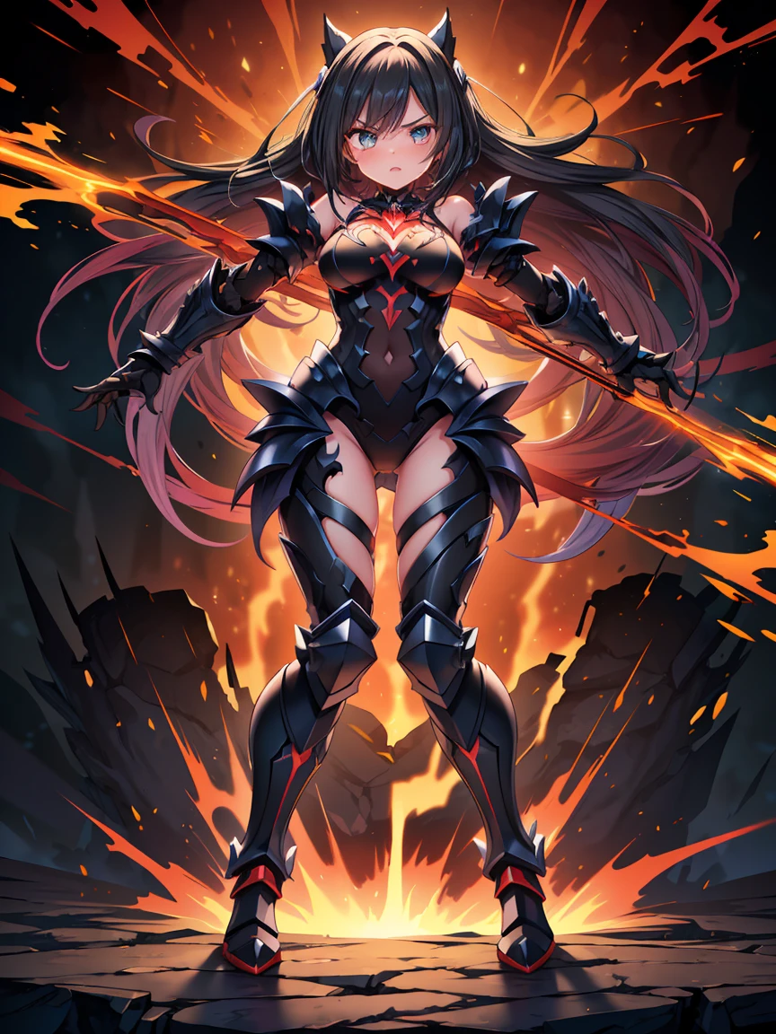 (((masterpiece, best quality, high detailed, 16k))) (1girl) A fierce girl donning armor reminiscent of Black WarGreymon, her eyes burning with determination and strength. Her hair is a stark black with streaks of silver, flowing around her fierce expression. She wears a dark, metallic armor, adorned with menacing spikes and intricate patterns of red and black, echoing the design of a powerful Digimon warrior. The armor is both robust and sleek, offering maximum protection while enhancing her intimidating presence. She wields a massive, clawed gauntlet, and her stance exudes readiness for battle. Around her, a dark aura pulses with raw energy, hinting at her immense power and relentless spirit. ((full body view:1.4))