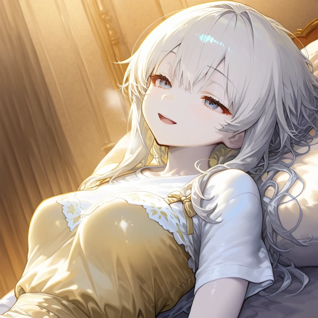 ((Sleeping in bed)),Overhead Shot,fgoAnastasia, Anastasia, blue eyes, Grey Hair, Hair between the eyes, (Hair on one eye:1.5), Long Hair, bangs,Exposed shoulders,
break blue Cape, brown hair band, Cape, dress, Fur trim, hair band, Royal Robes, sash, tachi-e, white dress, Wide sleeves,
break looking at viewer,
break indoors,
break (masterpiece:1.2), Highest quality, High resolution, unity 8k wallpaper, (figure:0.8), (Beautiful attention to detail:1.6), Highly detailed face, Perfect lighting, Highly detailed CG, (Perfect hands, Perfect ???????),