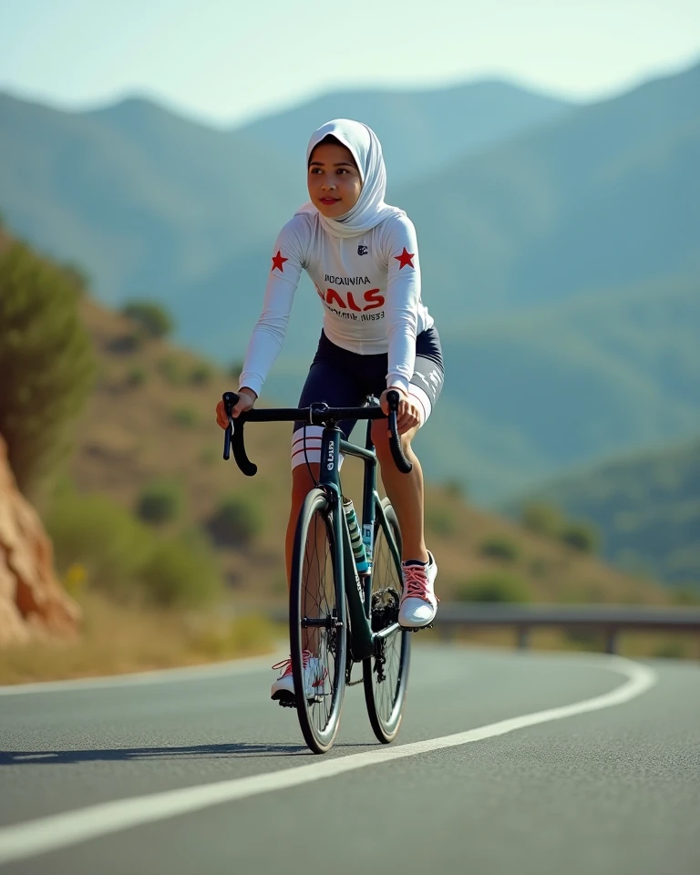a realistic  masterpiece. Human . 1girl wearing a hijab, detailed beautiful face, Hijab Muslim. Wear long sleeve moder design white pink stripe white, minimalist flower on shirt. . Wear pink white.small Safety Pink google spectacle top of the head rubber band. Age 15 year old. Jump on and have a super strong power. One hand lifting the 50kg dumbbell. Bokeh background. At the garden. , detailed lips, long eyelashes. Hero, modest expression, delicate facial features, natural skin tones, hijab covering head and neck, detailed folds and textures of hijab, natural lighting, high quality, photorealistic, 8k, best quality. 