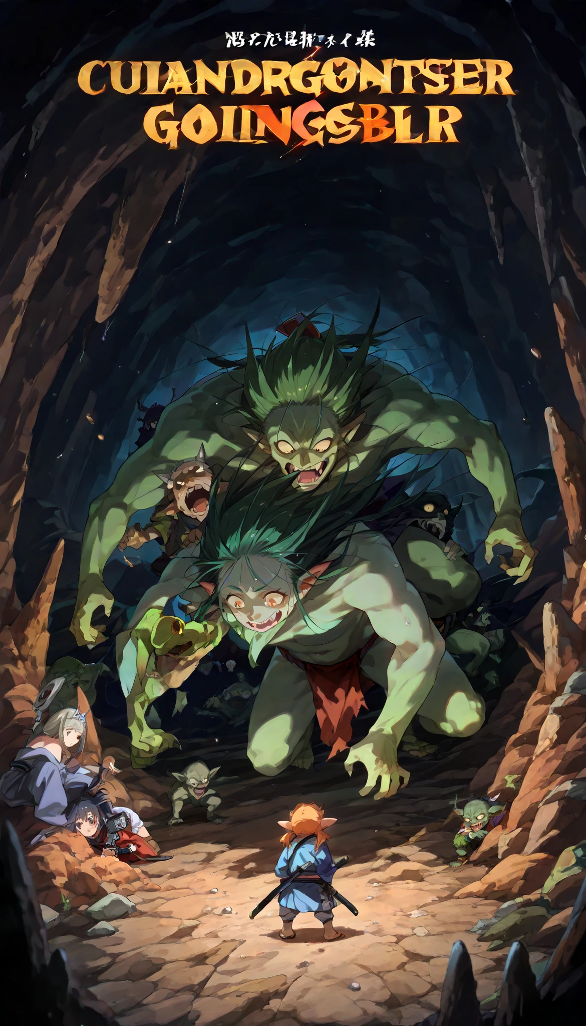 ((One female samurai))), big , monster trying to remove panties, underground cave, high quality, score 9, score 8 up, score 7 up, (((Multiple giant goblin monsters, group))), giant goblin monster, creepy giant goblin, giant goblin clinging to female samurai, perverted giant goblin, background full of giant goblins,