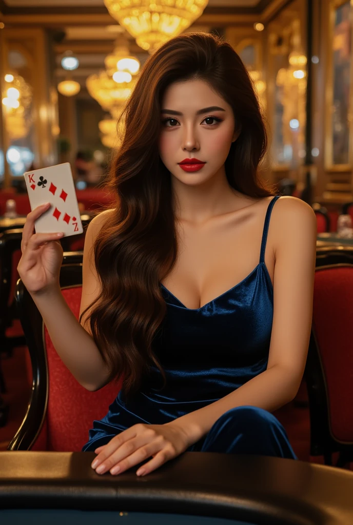 (((best quality))),(((ultra detailed))),(((masterpiece))),illustration,((1 beautiful girl,solo)),(shoulder-length straight bob:0.8),((earrings,necklace)),((slim,thin)),((small breasts,flat chest)),(sitting by the card table:1.3),(dark night scene:1.3), lamp, glow,fair skin,detailed eyes,(emerald green lace dress:1.3), black curves fabric, string, white pearls, sophistication, cherry red lips, (card game:1.3), (Poker cards are on the table:1.3),concentration, intensity,graceful, purposeful, calm, serenity, solitary, enchanting, elegance, atmospheric,captivating, mysterious, ambiance, alluring, enigmatic,((from front,upper body))