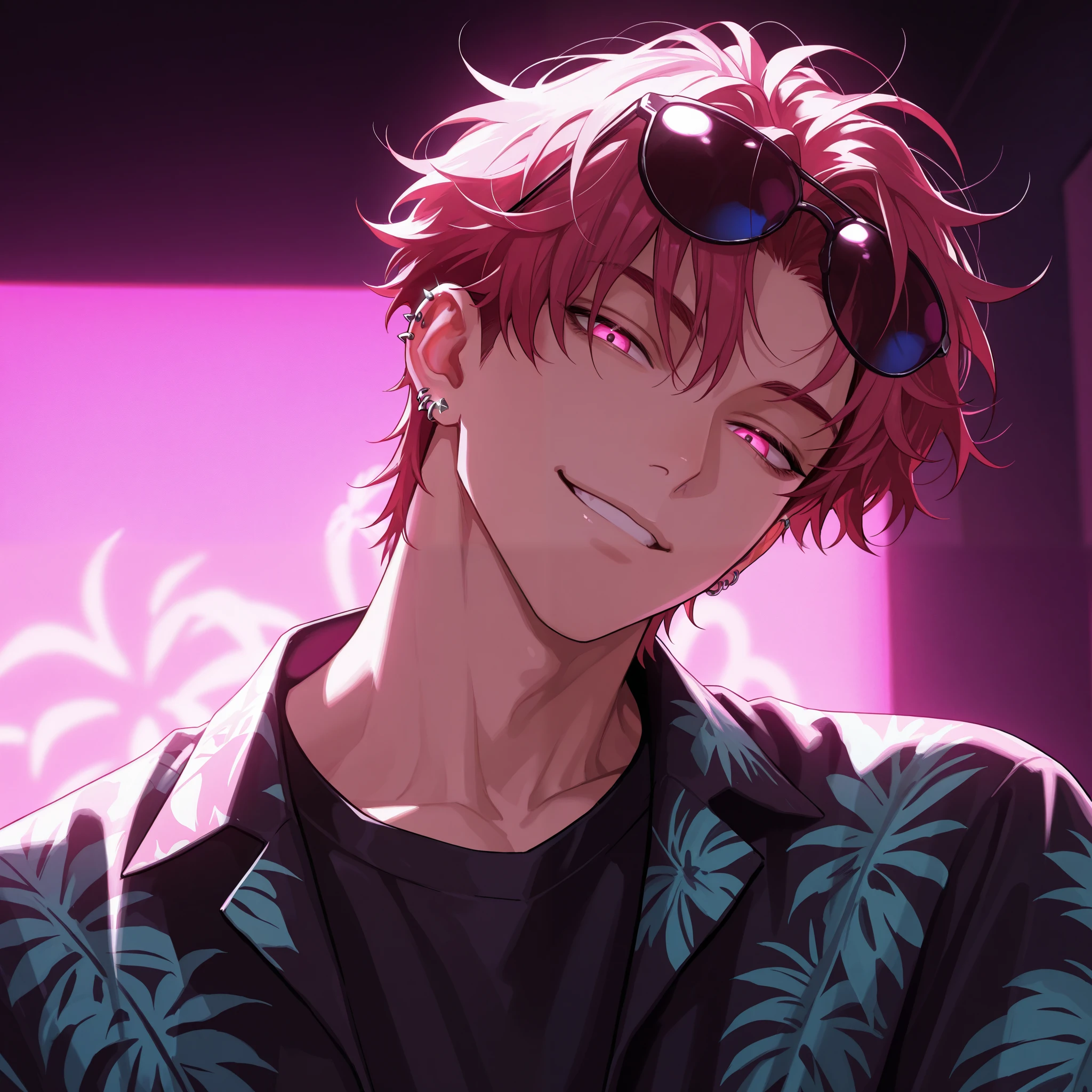 1 boy, very handsome, short hair, wavy red hair, middle part hair, under cut, messy hair, glowing pink eyes, half open eyes, eyelashes, seductive eyes, silver ear piercings, sunglasses on hair, smiling, black under shirt, muscular neck, Hawaiian shirt, neon pink lighting, shading, detailed, dark room, full face, face close up, head tilt slightly, looking down at viewer, masterpiece