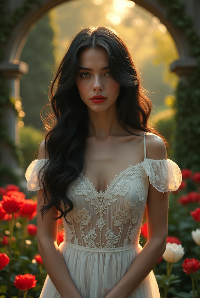 a beautiful young woman with an athletic physique and accentuated curves, with straight dark hair, posing in a flower garden, beautiful detailed eyes, beautiful detailed lips, extremely detailed face, long eyelashes, beautiful curvy body, athletic fit, cinematic lighting, high contrast, chiaroscuro lighting, dramatic atmosphere, moody lighting, dramatic shadows, editorial style, fashion photography, high quality photography, glamor photography, sensual portrait, and full body, posing