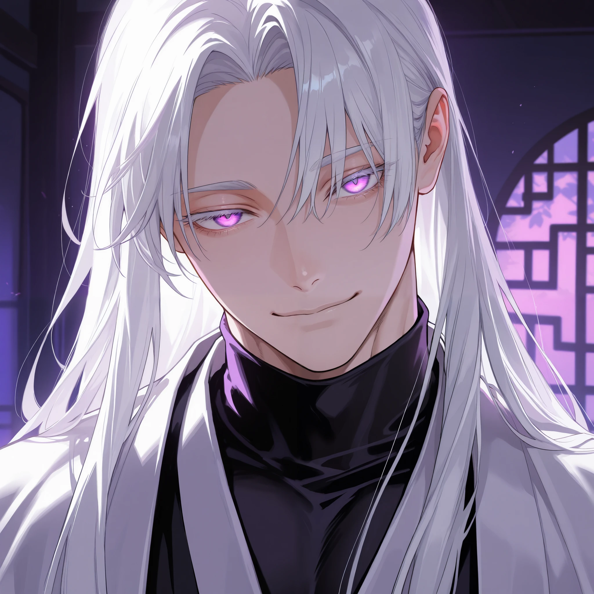 man, long white hair, middle part hair, straigt hair, very handsome, white eyelashes, glowing purple eyes, eyes half open, cold eyes, slight smile, bright skin, slight smile, black cloth turtle neck, white haori, muscular neck, thick neck, neon purple lighting, shading, detailed, dark room, full face, face close up, head tilt slightly, looking down at viewer, masterpiece
