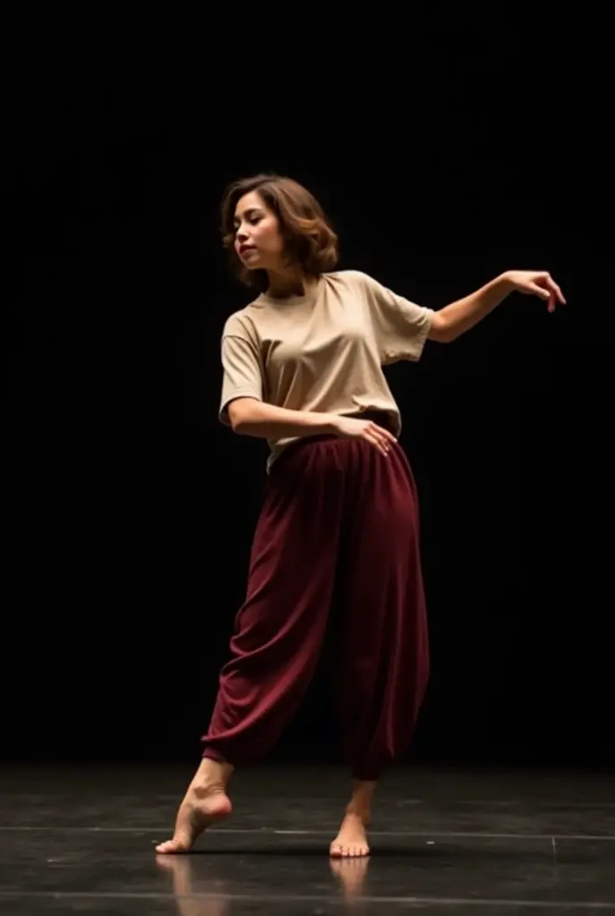 contemporary dance dancer, jazz and ballet, thesis morena clara, short shoulder length wavy hair, stomach 1.72 and wears a contemporary dance outfit, a wine-colored loose-fitting pant, Loose, long beige t-shirt, She is barefoot, She is doing a very nice contemporary dance pose, The image has a black background and his face looks very expressive