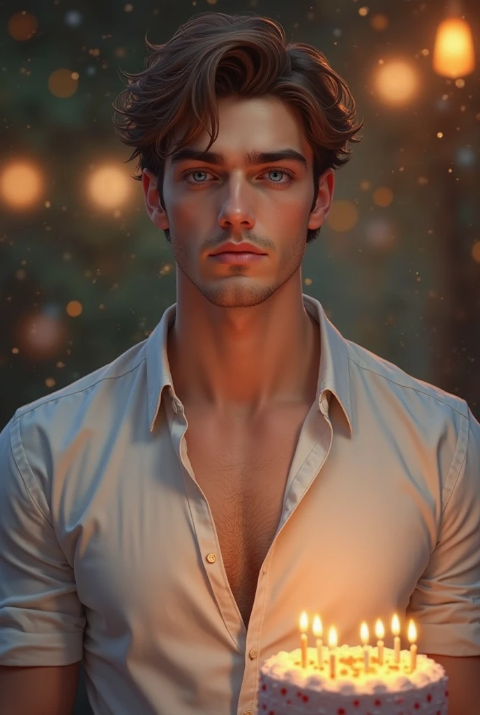 (absurdres, highres, ultra detailed), 1 male, solo, beautiful, handsome, extremely detailed facial features, tall muscular guy, smooth skin, sexy gaze, mature, verious red and pink roses around him, the man is standing comfortably in the roses, from directly above, gorgeous, wet, model pose, colorful, artistic, depth of field, focus on his calm facial features, elegant look, looking at the viewers romantically, shirtless, bare body, wearing a winter coat and a brief, touching his chin,