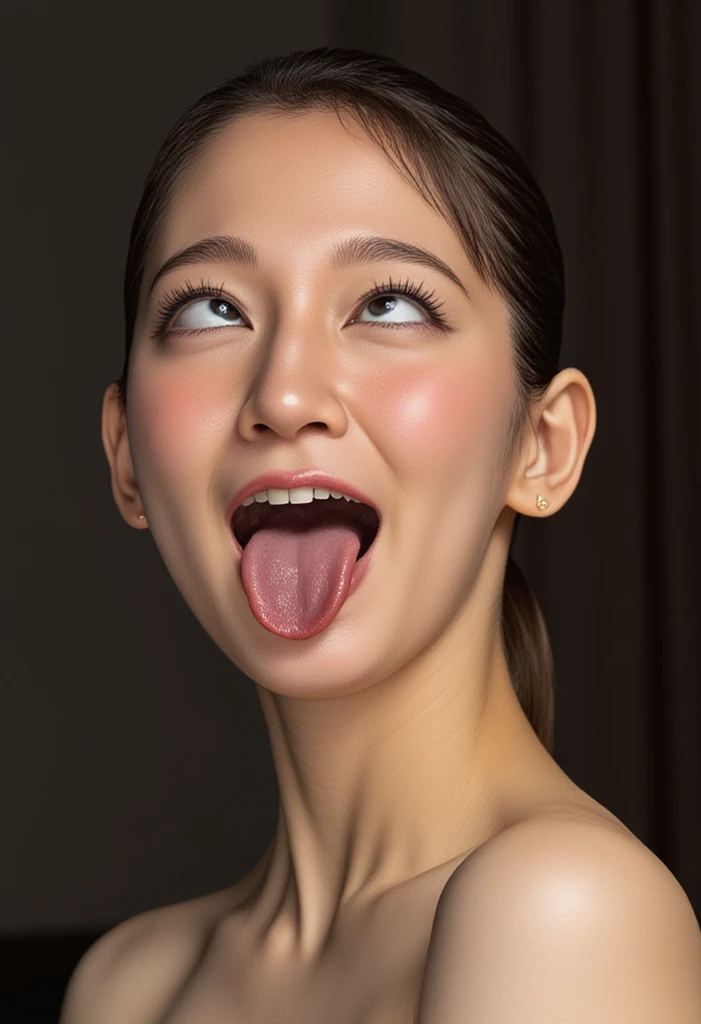 (((upper body shot))),((nude)),((nipples)),Ultra-high resolution,big eyes,smile,(open mouth with tongue),((tongue out)),Japanese,bangs,(a girl),(1 girl),((18-year-old)),((cute)),pretty,eyes closed,earring