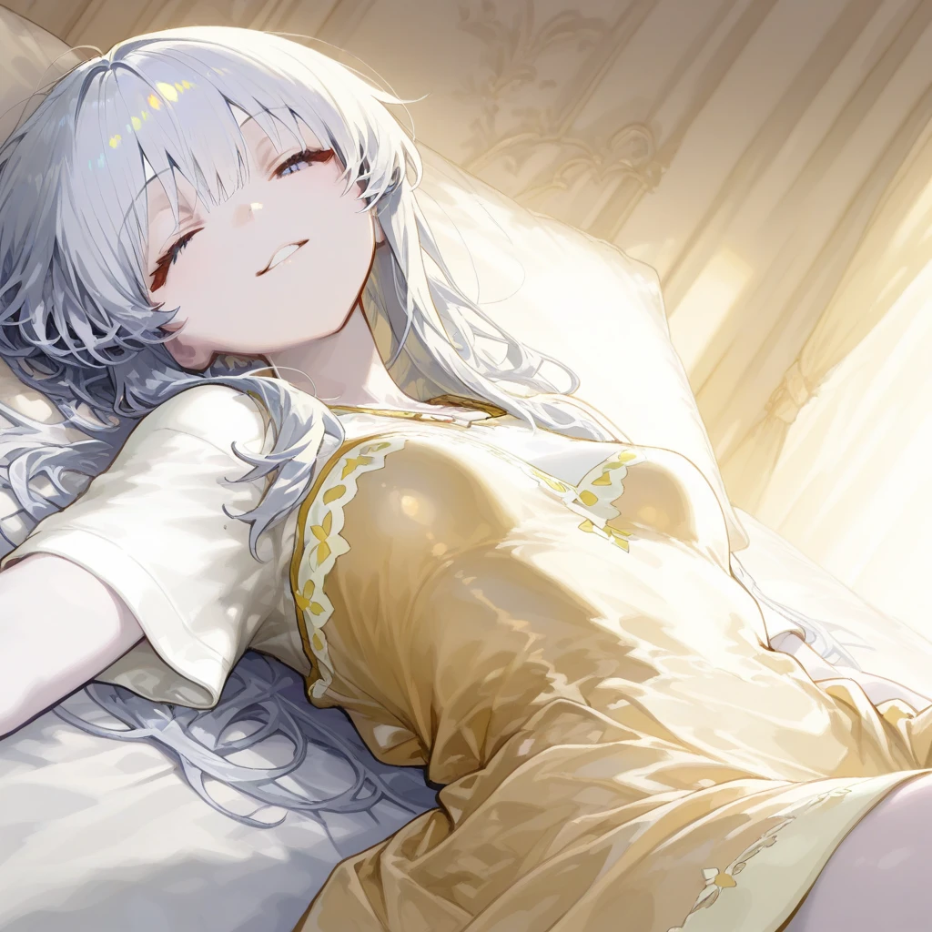 She has a golden silk pillow between her legs. She is blushing. She is drooling. She is crying. Sweating. Naked. Luxurious bed.