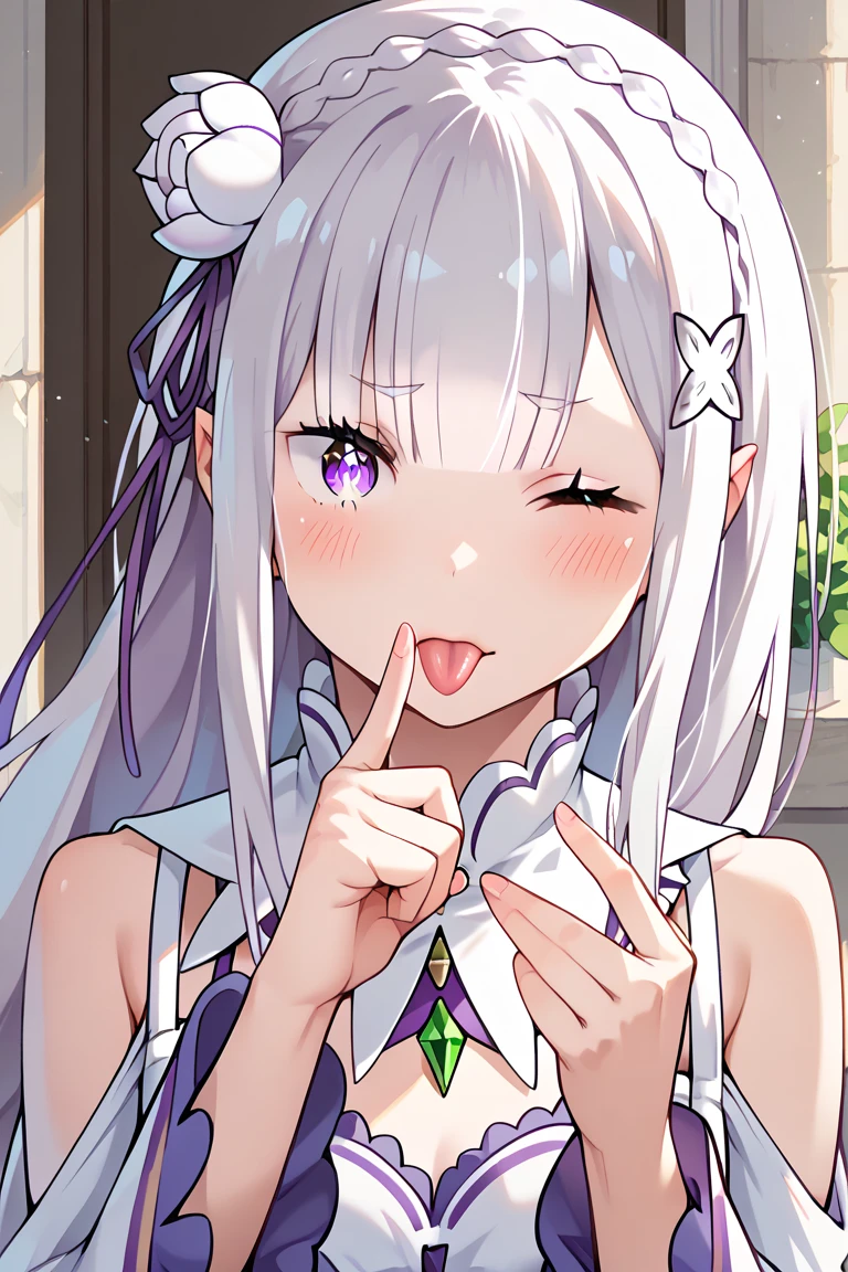 masterpiece, Highest quality, so beautiful, absurdAlsos, Latest,one person's,Upper Body,Condom in the mouth, double V gestuAlso,blush,,Emilia_(Also:zero), Also:zero_Cane_hajimeru_isekai_Seikatsu,one person's, Fairy, pointed_ear, white_hair, length_hair, purple_eye, hair_flower, dAlsoss,flower, gem, gAlsoen_gemstone, hair_ornament, hair_ribbon, purple_ribbon, baAlso_shoulder,Snowland