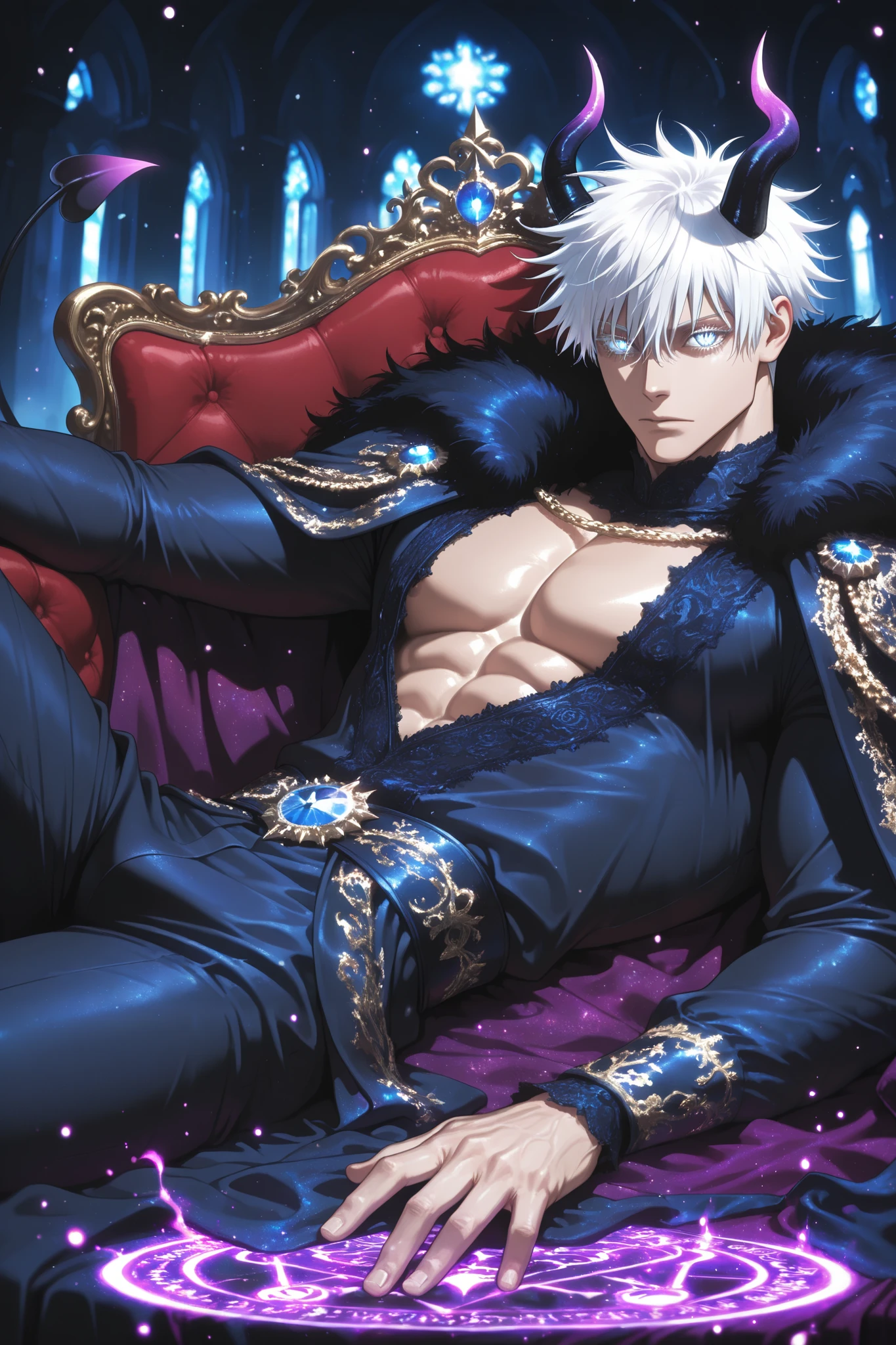 (masterpiece, best quality), amazing quality, very aesthetic, absurd, high definition, latest, perfect anatomy, perfect hands, HDR, 8K, self-light, gloss, glossy color, strong coloring, masterful shading, high contrast, from front, 1man, demon king, demon horns, crone,  no wings, demon tail, (( slit pupils)), (glowing eyes:0. 5), (black sclera: 1.0), gojou satoru /(jujustu kaisen/), detailed eyes, blue eyes, white hair, short hair, detailed eyelashes, white eyelashes, ((muscular)), sexy man, handsome, royal robe, male fantasy fashion clothes, Male Fantasy Clothes , cool , high fashion , fantasy style , intricate clothing , embroidery, solo, lying sideways to the viewer, dynamic pose, lying, lying bored in his throne, bored facial expression castle interior, luxurious, glittering, shiny, sparkling, magical, particles, dark atmosphere, magical aura, magic circle, incantation circle