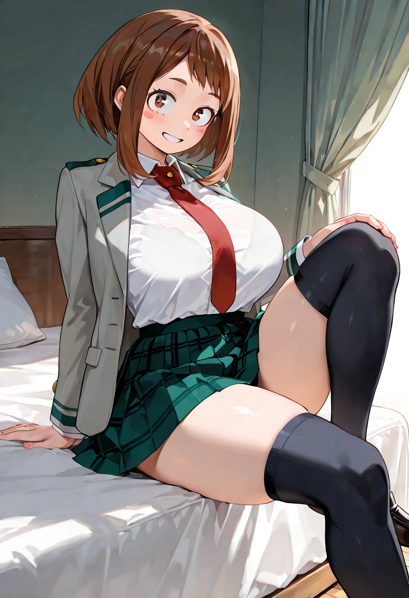 detailed digital art, slim woman, middle sized breast, mini skirt, visible panty ((red white striped)), high knee socks, laying on her back, legs wide spread, naughty look, fellatio,