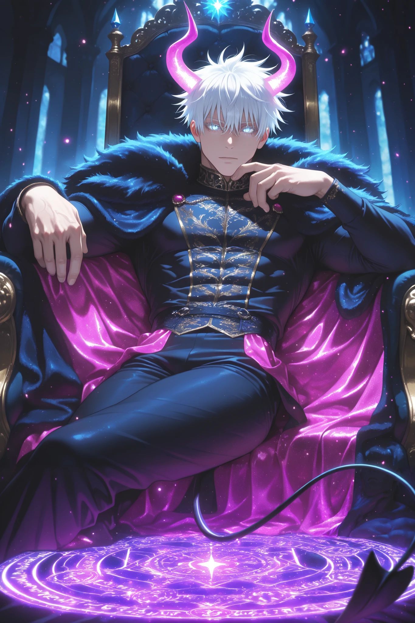 (masterpiece, best quality), amazing quality, very aesthetic, absurd, high definition, latest, perfect anatomy, perfect hands, HDR, 8K, self-light, gloss, glossy color, strong coloring, masterful shading, high contrast, from front, 1man, demon king, demon horns, crone, no wings, demon tail, (( slit pupils)), (glowing eyes:0. 5), (black sclera: 1.0), gojou satoru /(jujustu kaisen/), detailed eyes, blue eyes, white hair, short hair, detailed eyelashes, white eyelashes, ((muscular)), sexy man, handsome, royal robe, male fantasy fashion clothes, Male Fantasy Clothes , cool , high fashion , fantasy style , intricate clothing , embroidery, solo, lying sideways to the viewer, dynamic pose, lying, lying bored in his throne, bored facial expression castle interior, luxurious, glittering, shiny, sparkling, magical, particles, dark atmosphere, magical aura, magic circle, incantation circle