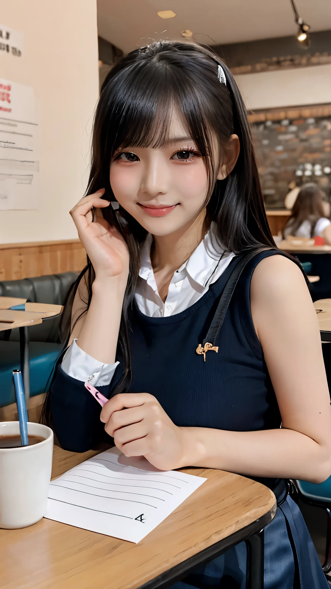 ((Dable Top)), (((Beautiful breasts on the tabletop, Breast bag, breasts on table))), (, Young FacHOOL GIRLS)、(Sleeveless Elegant Outfit、Pencil Skirt), black hair, (Beautiful Girl Sitting In A Stylish Coffee Shop)、((slender body line)), (detailed hands:1.3, perfect right hand:1.3, fine fingertips down to the smallest detail:1.1), top quality, 8k, RAW photos , reality, Ultra Fine, (detailed eyes and face:1.2, professional photography techniques), (looks at the viewer, Mischievous Smile), (perfect anatomy:1.3)