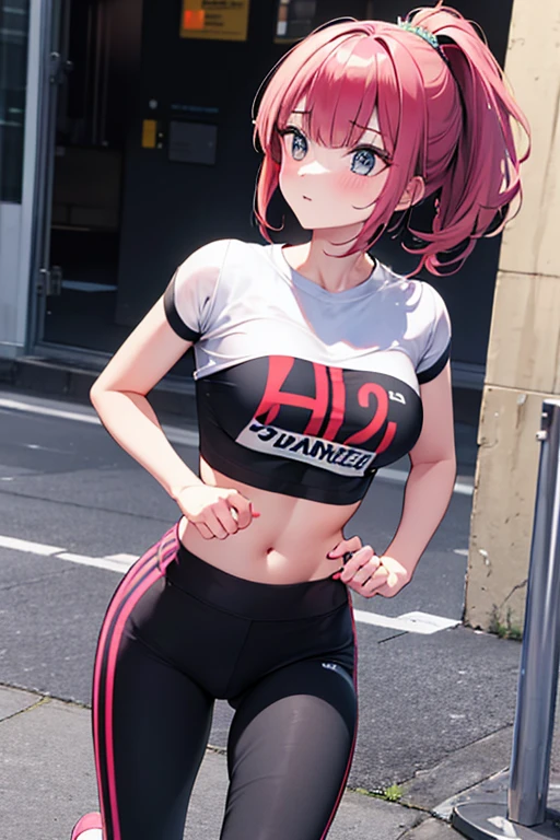 masterpiece,best quality,highres,ultra-detailed,guinaifen,long hair,side ponytail,bangs,hair between eyes,<lora:guinaifen_(honkai_star_rail):0.7>,sports bra,(leggings:1.2),outdoors,cherry blossoms,smile,sweat,running,ponytail,