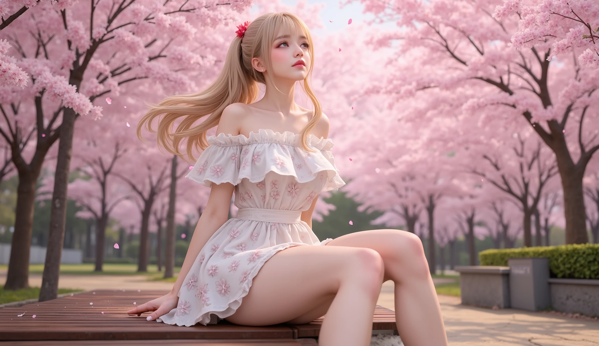 Bot Txt2Img 20:31:29 Best Quality, Masterpiece, 1 girl, Beautiful face, (Photorealistic Photos:1.3), Rim Lighting, (High Detail Skin:1.2), 8K UHD, DSLR, High Quality, High Definition, 4K, 8K, Bokeh, Absurd, , (Real:1.3), Cute 1 Girl, Light pink dress, lace underwear, model body, squatting crotch facing the front, Cherry blossom petals, cherry blossom avenue, blonde, white high heels