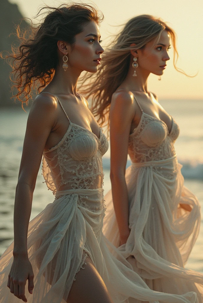 Two woman in the sheer gown, bra expose,nipple on,wearing hijab, full body,mermaid tight long gown, flowy dramatic long gown,very long flor length gown, tall women, in beach,sunset, sexy face, wind blow her gown,sexy pose, masterpice, hyper realistic, realistic lightning