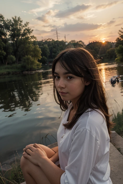 A girl sit in the front of lake in night see the star
