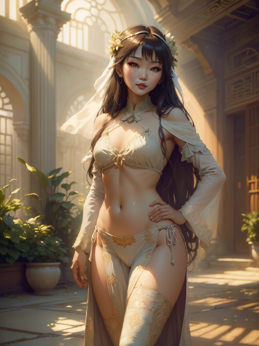 A Stunning, Chinese-Indonesian Nymph, bare and unabashed, in the prime of her youthfulness at 18 years, her long, cascading waves a symphony of hair against the ethereal backdrop. The image, rendered in high-definition 8K, boasts a hyper-realistic quality that borders on lifelike, with its intricate details exquisitely preserved. The flawless skin glows under the soft, natural lighting, the tone of her complexion somewhere between the exotic allure of her Chinese heritage and the warm radiance of her Indonesian roots. Her vulnerable yet alluring pose, illuminated by the dramatic, sensual, and cinem