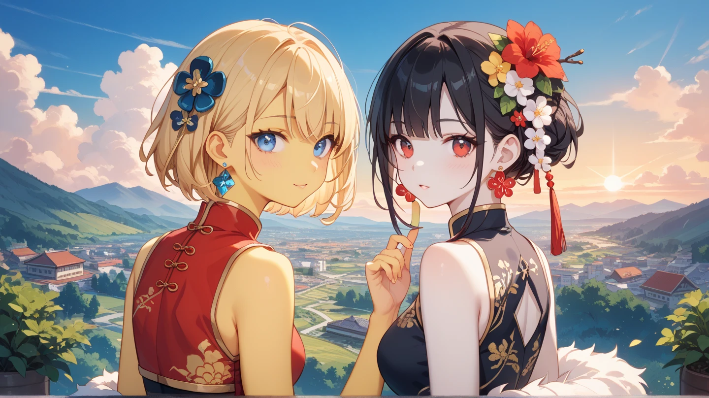 (masterpiece,Highest quality,Ultra-high resolution),Japanese women, (((Two very beautiful people))), cute、Look at the photographer、 ((Beautiful low ponytail)), とってもcute顔, Glossy Lips, Double eyelids on both eyes,Natural smile、 Natural Makeup, Long eyelashes, Shiny and smooth hair、Center image, Perfect limbs, Perfect Anatomy,(((China dress)))、((See through)),Wet with sweat,