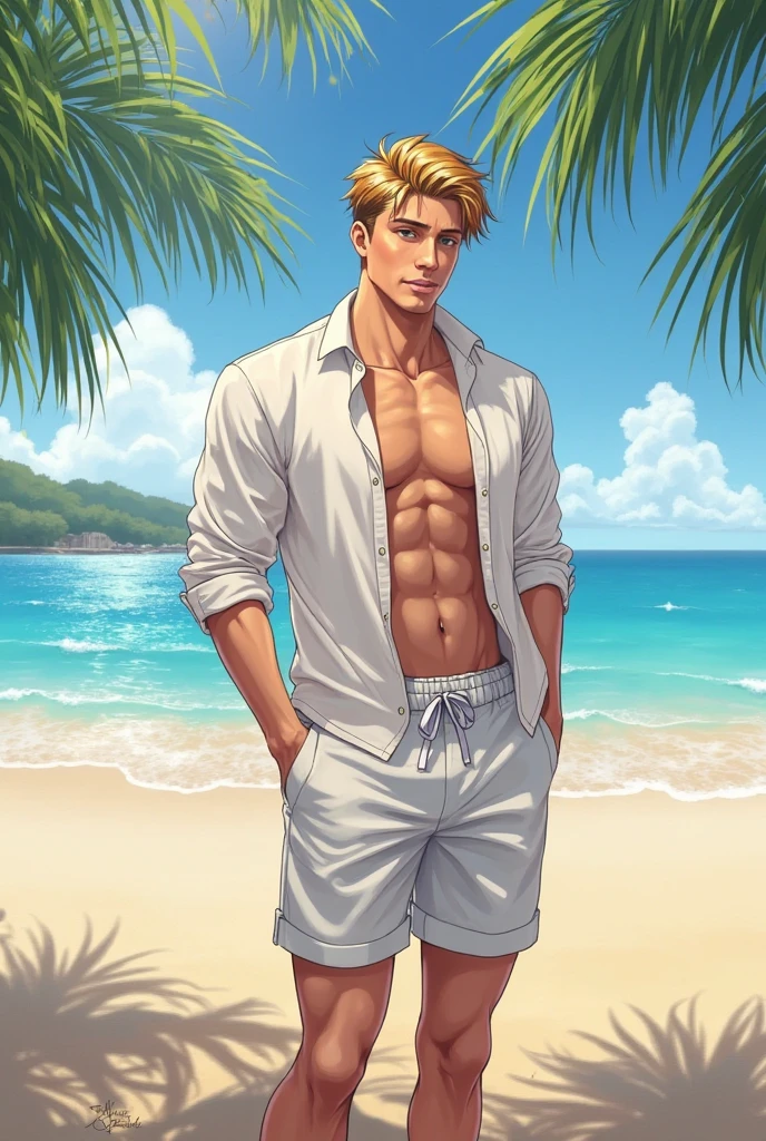 illustration in the style of clay bennet, 2 point distance, ultra-detailed, ultra-realistic, 8k, highest quality, full body, blue eyes, barefoot, a young man, beautiful, handsome, symmetrical and perfect face, marked and symmetrical muscles, realistic skin and detailed, perfect feet, superb and confident look, charming smile, standing next to an orange tree and a white tree, behind the man in the distance you can see a train, a mountain, a meandering river and a blue mansion
