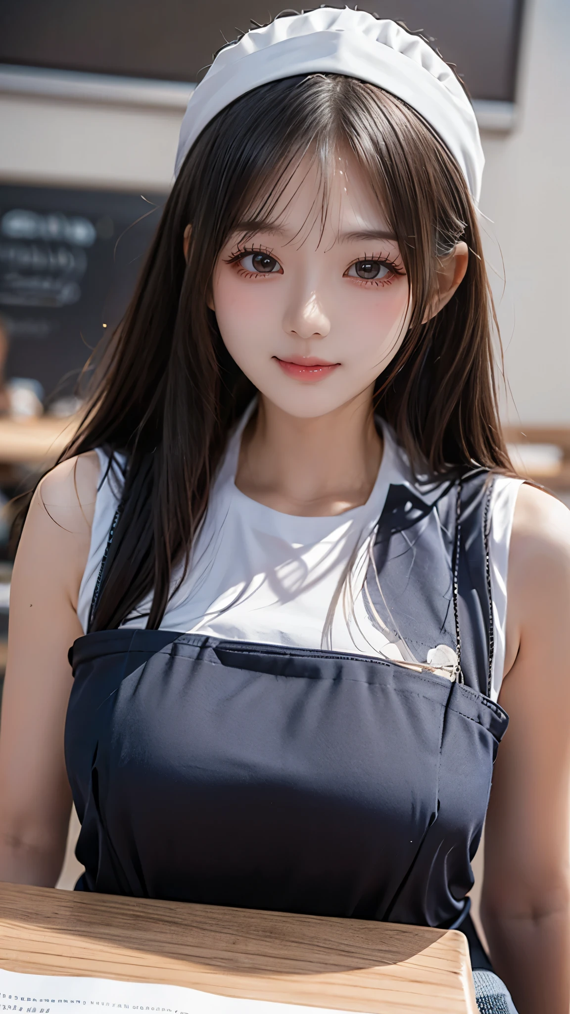 ((Dable Top)), (((Beautiful breasts on the tabletop, Breast bag, breasts on table))), (, Young FacHOOL GIRLS)、(Sleeveless Elegant Outfit、Pencil Skirt), black hair, (Beautiful Girl Sitting In A Stylish Coffee Shop)、((slender body line)), (detailed hands:1.3, perfect right hand:1.3, fine fingertips down to the smallest detail:1.1), top quality, 8k, RAW photos , reality, Ultra Fine, (detailed eyes and face:1.2, professional photography techniques), (looks at the viewer, Mischievous Smile), (perfect anatomy:1.3)