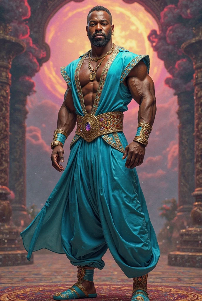 a muscular superhero in a traditional indian village, detailed face, strong chiseled jawline, piercing eyes, flowing cape, mid-air pose, ornate architecture, colorful spices and textiles, glowing light, cinematic lighting, epic fantasy, highly detailed, 8k, photorealistic