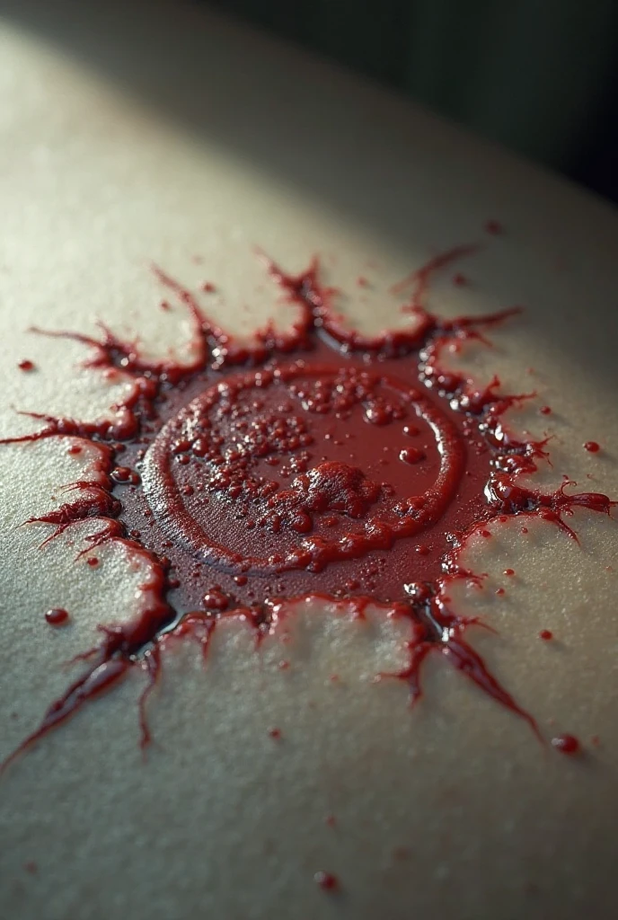 Setting: Close-up on the symbol mark on the victim's neck. Visual Details: Clearly visible enigmatic symbol, drawn in a color contrasting with the victim's pale skin. Text or small objects around that help highlight the brand.