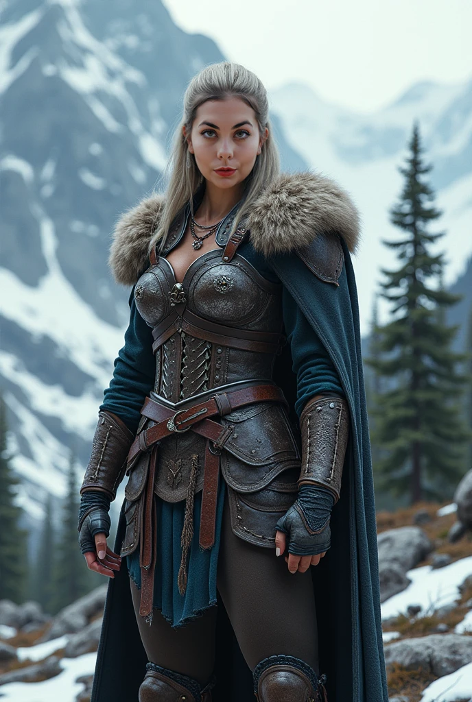 Front view, Standing pose, on ground, Viking Warlord,11th century, (1 boy and 1 girl is existence), (couple Vikings),1 girl ,beautiful Sweden Young girl, 25 years old, (Highly detailed face, Ordinary eyes, Long eyelashes, Tapered eyebrows, gold hair, Variegated eyes, Fuller lips, little Lips),(C cup breasts, slender whist, middle hip), (Viking armor,Viking costume, Seal fur shawl),viking iron helmet with horn, Nordic Beaches ,Dark and foggy, The setting is a snowstorm((masterpiece, Highest quality, masterpiece, God-like quality, Sacred art, Very realistic)),