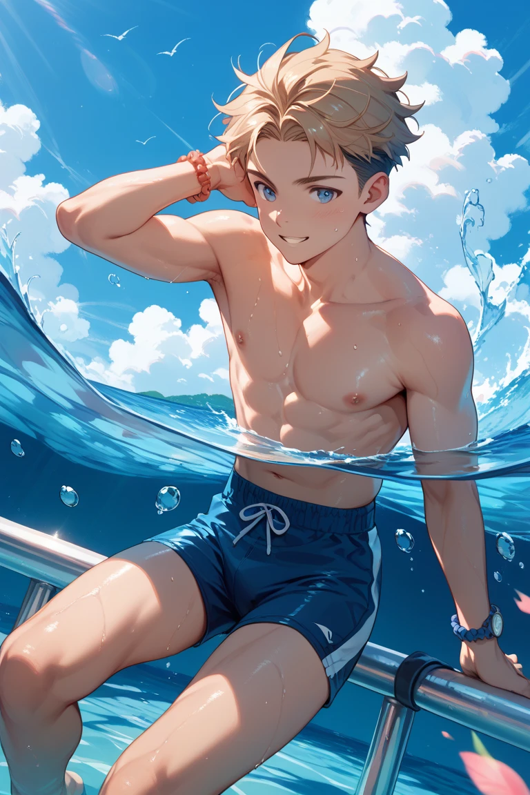 (Masterpiece) 8K resolution, beautiful young man swimming underwater, beige brown short hair, hazel eyes, turquoise eyes, gentle smile, model style, fantasy style,