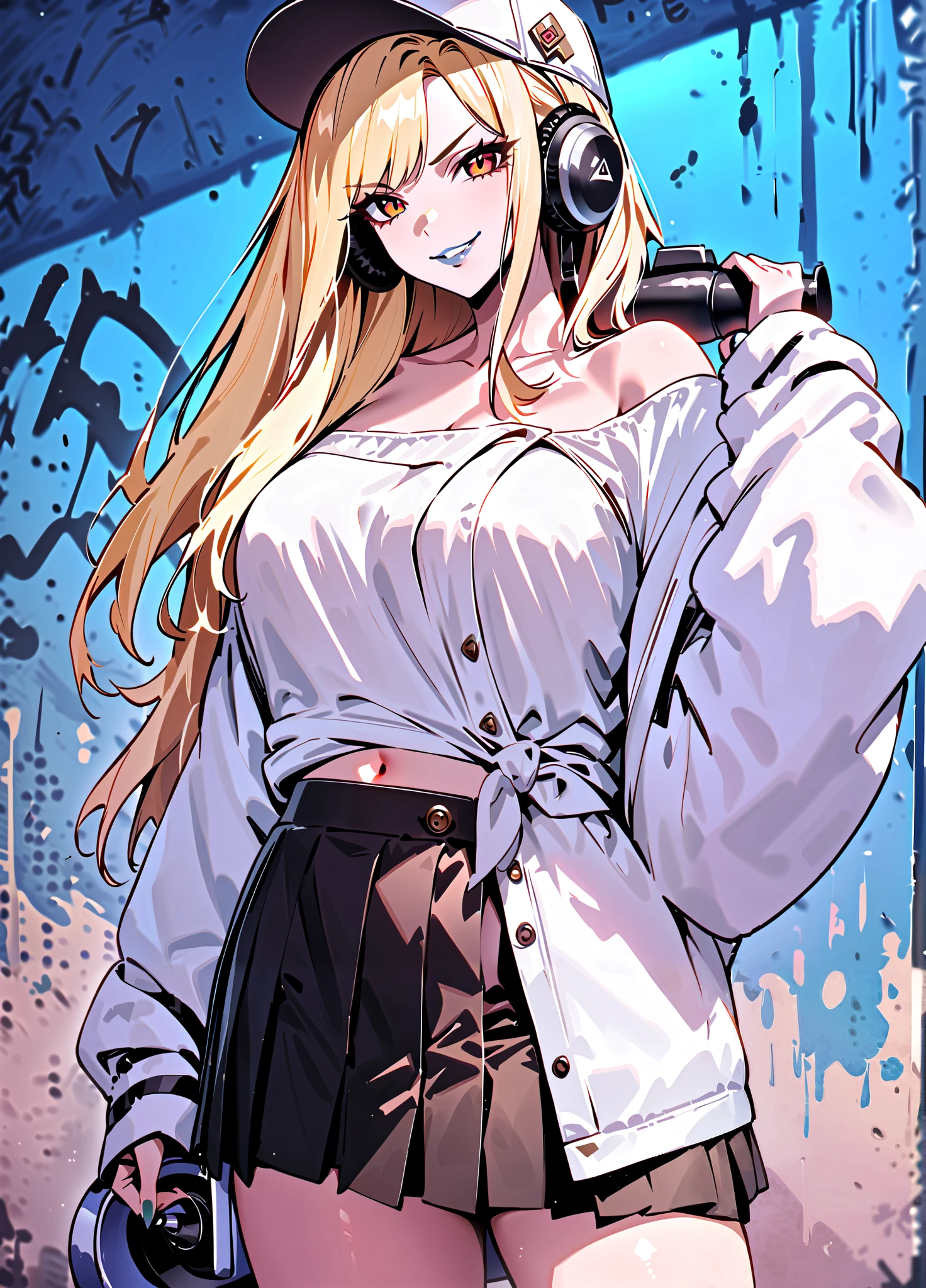 masterpiece, best quality, 1girl, solo, Alicia Viewstroem, mature female, blonde hair, long hair, baseball cap, fashion, hat, hat pin, oversized clothes, oversized shirt, streetwear, (graffiti:1.1), contrapposto, legs apart, standing, head tilt, red eyes, lipstick, black skirt, pleated skirt, tied shirt, white belt, collarbone, nail polish, navel, cowboy shot, looking at viewer, headphones, megaphone, holding megaphone, v-shaped eyebrows, smirk, parted lips