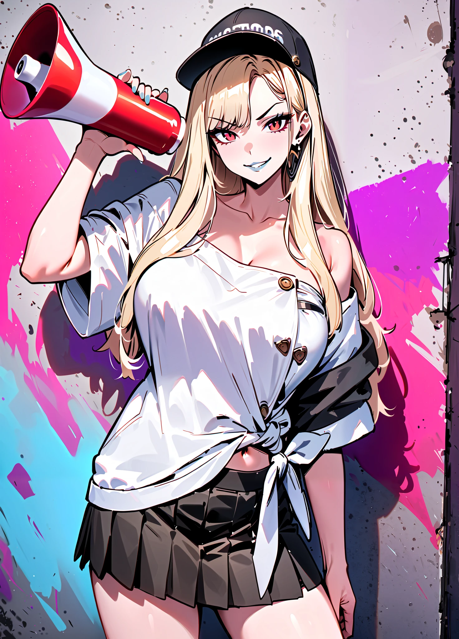 masterpiece, best quality, 1girl, solo, Alicia Viewstroem, mature female, blonde hair, long hair, baseball cap, fashion, hat, hat pin, oversized clothes, oversized shirt, streetwear, (graffiti:1.1), contrapposto, legs apart, standing, head tilt, red eyes, lipstick, black skirt, pleated skirt, tied shirt, white belt, collarbone, nail polish, navel, cowboy shot, looking at viewer, headphones, megaphone, holding megaphone, v-shaped eyebrows, smirk, parted lips