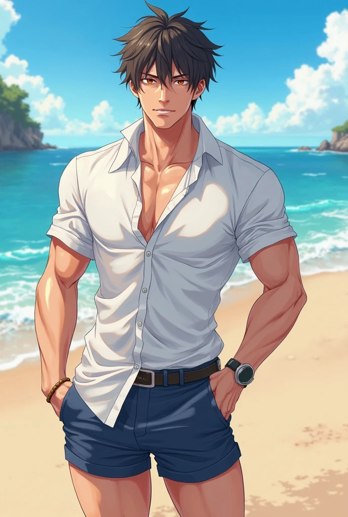 , he has short black hair whch is very stylish, he is wearing an (((opening his white shirt))) which shows his perfect athletic toned ((body with tan brown skin)), his body is shaved, shaved pubes so he can look sexy, His deep blue eyes hides mischief, his smile is flirty,he is dancing on a beach with low waist white shorts hiding his bulge,