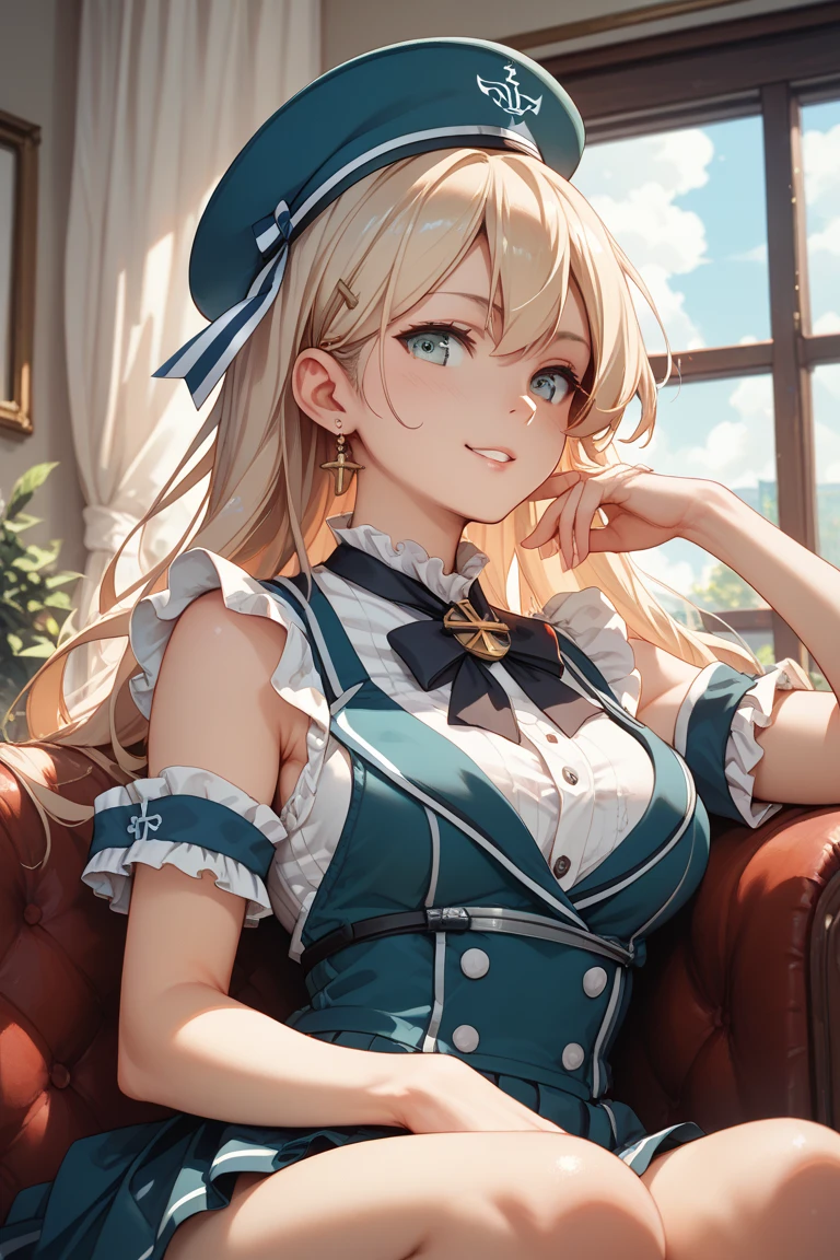 (Best quality, 8k, 32k, Masterpiece, UHD,:1.2),RAW, human, 1girl,ultra cute , ultra cute, natural lighting, transparent shining eyes, 20yo, medium breast ,femur, fair complexion , flushed face, ,Homemade Country Dress,long-sleeved dress in muted colors, Handmade apron for practicality and style, sturdy fabrics like cotton, Happily Smiling, ((wariza)), on sofa, emerald green, From above, Closeup shot, Cleavage Cutout