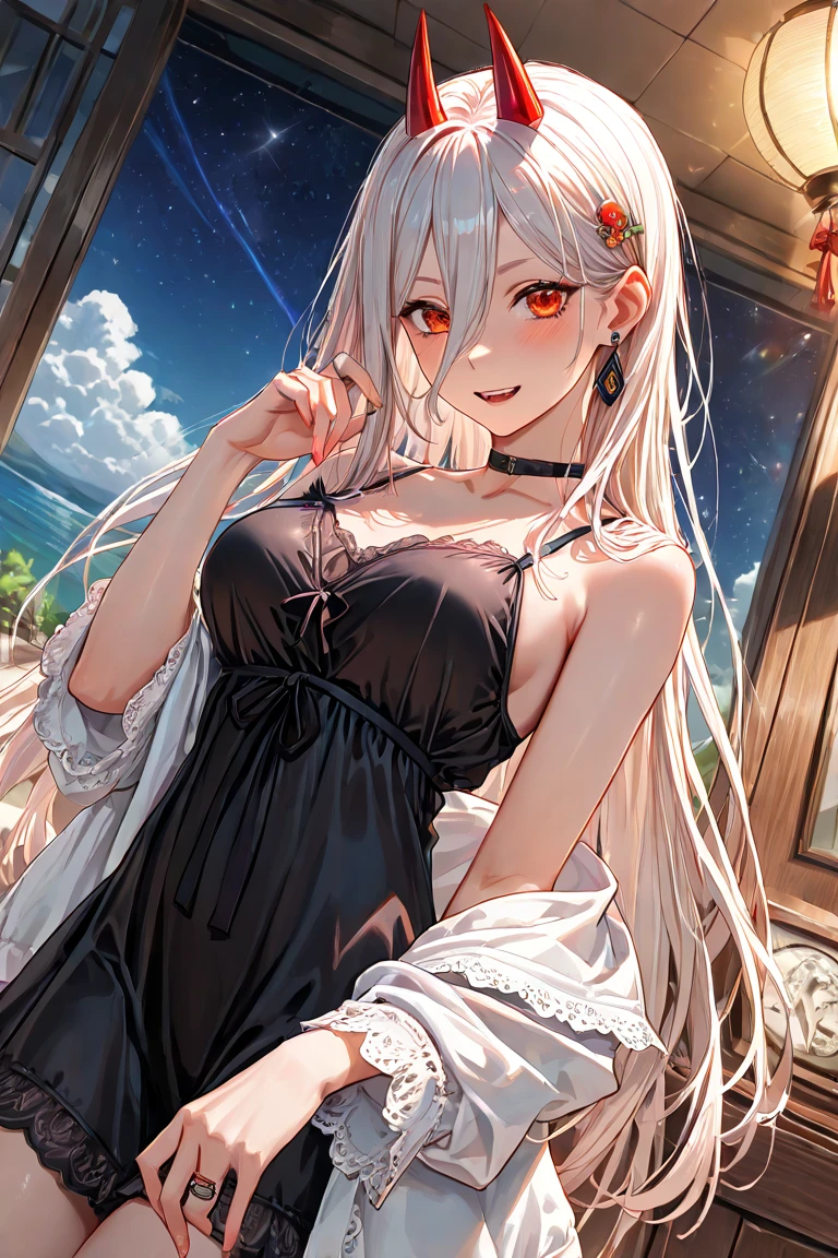 (8K, Highest Quality, Best:1.3)), Ultra High Resolution, (1 Girl, 1 Person), (Color Changing Eyes, Super Detailed, Expressive Sparkle, Sparkling, Glowing Eyes), High Definition Eyes, High Definition Face, Random Hair, (Silver Gray Color), A scene of a silver-haired woman seducing you. Her hair is shoulder-length, wavy and sparkling in the light. She has a ribbon headband on her hair, which is a cute accent. She is wearing a red satin gown, the soft material of which fits her body gently. The neckline of the gown is open wide, revealing her décolletage. Her eyes are a captivating purple, and her droopy eyes give her an elegant and ecstatic look. Her lips are pale pink, slightly parted in a sweet smile.

The background is a beach at night, with a full moon shining in the sky. She is sitting on a beach chair with her legs apart, gazing at the camera in a relaxed position. The camera angle is set slightly above her in front, highlighting her beautiful features and glamorous gown. Soft, moonlight-like light particles dance throughout, creating a dreamy atmosphere.
