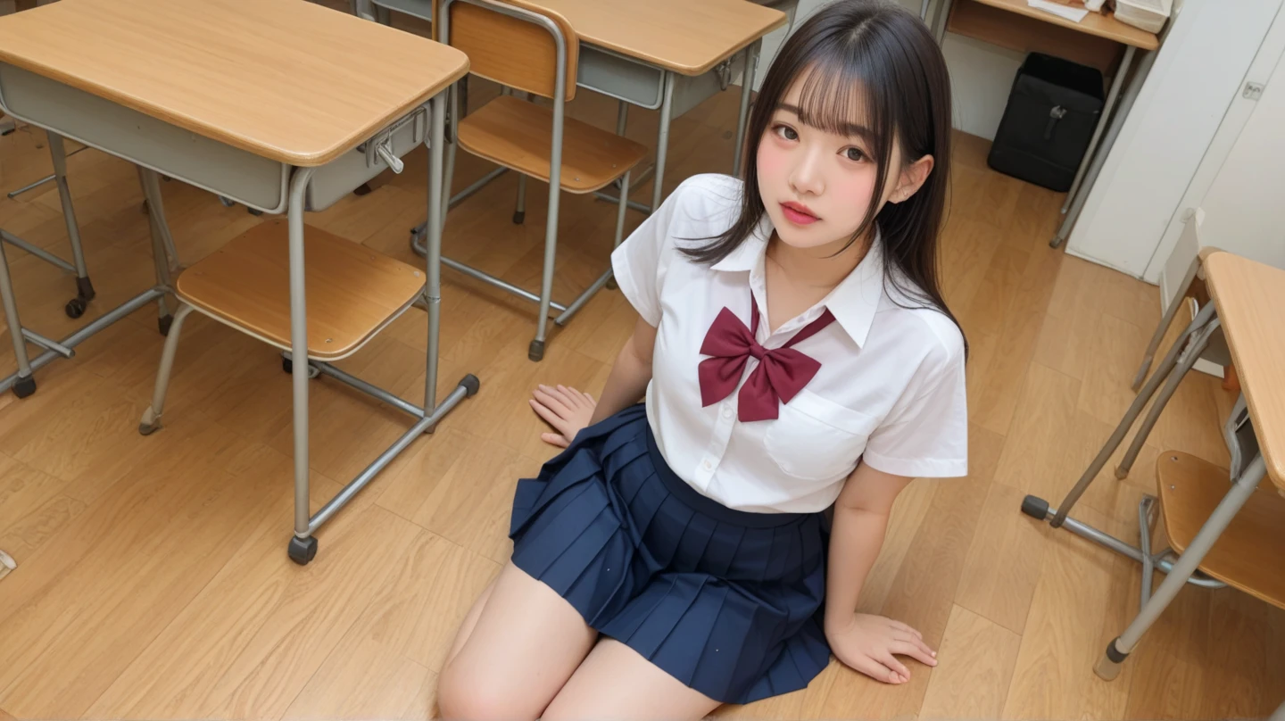 8k, Raw photo, highest quality, masterpiece:1.2), masterpiece, highest quality, figure, Very detailed, Fine details, High resolution, 8k,wallpaper, Perfect dynamic composition,(Detailed high quality, Realistic depiction of eyes:1.3)、A woman who has been and has her hands tied、Arms wrapped around his back, hands tie behind back, Sitting on a bright gym floor with feet together and knees bent in front of each other、With legs wide open、Tartan plaid pleated skirt、whole body、White panties are visible、The whole thing faces forward、21talent、Beauty、Well-formed face、Make your eyes even、Beautiful black hair、Has bangedium build、Well-balanced proportions、Beautiful legs、Short sleeve blouse、Fresh face、Beautiful scenery、smile、Large Breasts1.4