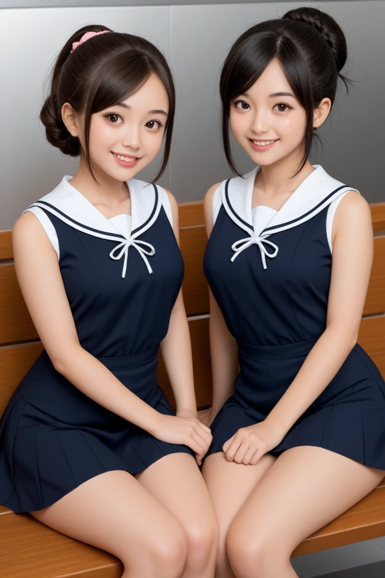 (2 girls of the same age:1.2) , Couple focus, japanese girl, Lovely, Number 14, Upper body, cheek to cheek,permanent,high saturation, Sleeveless sailor suit,Double tail, (Smile), Hair ring, low contrast, best quality, ultra high definition, Photorealistic, Super detailed, 8k, original photo,