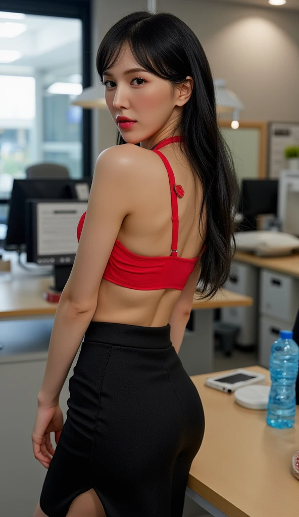 in the office,a young beautiful lady,Wear professional attire,suit,Red bandeau underwear,slit covered skirt。Bigger and wider hips,thin waist,some。Dressed up with jewelry,necklace,earrings,watch,High heel,black stockings。Painted with light makeup,beautiful eyeeautiful lips,very beautiful,Very temperamental。sitting at desk,camel toe,Look at the file,With computer and keyboard。Background modern city office buildings,Very modern,There a lot of space,Outside the window the night view of the city,Modern Shanghai city night view。8 p.m,City neon lights flashing。Professional lighting effectovie shot,intricate details,The best resolution,masterpiece。