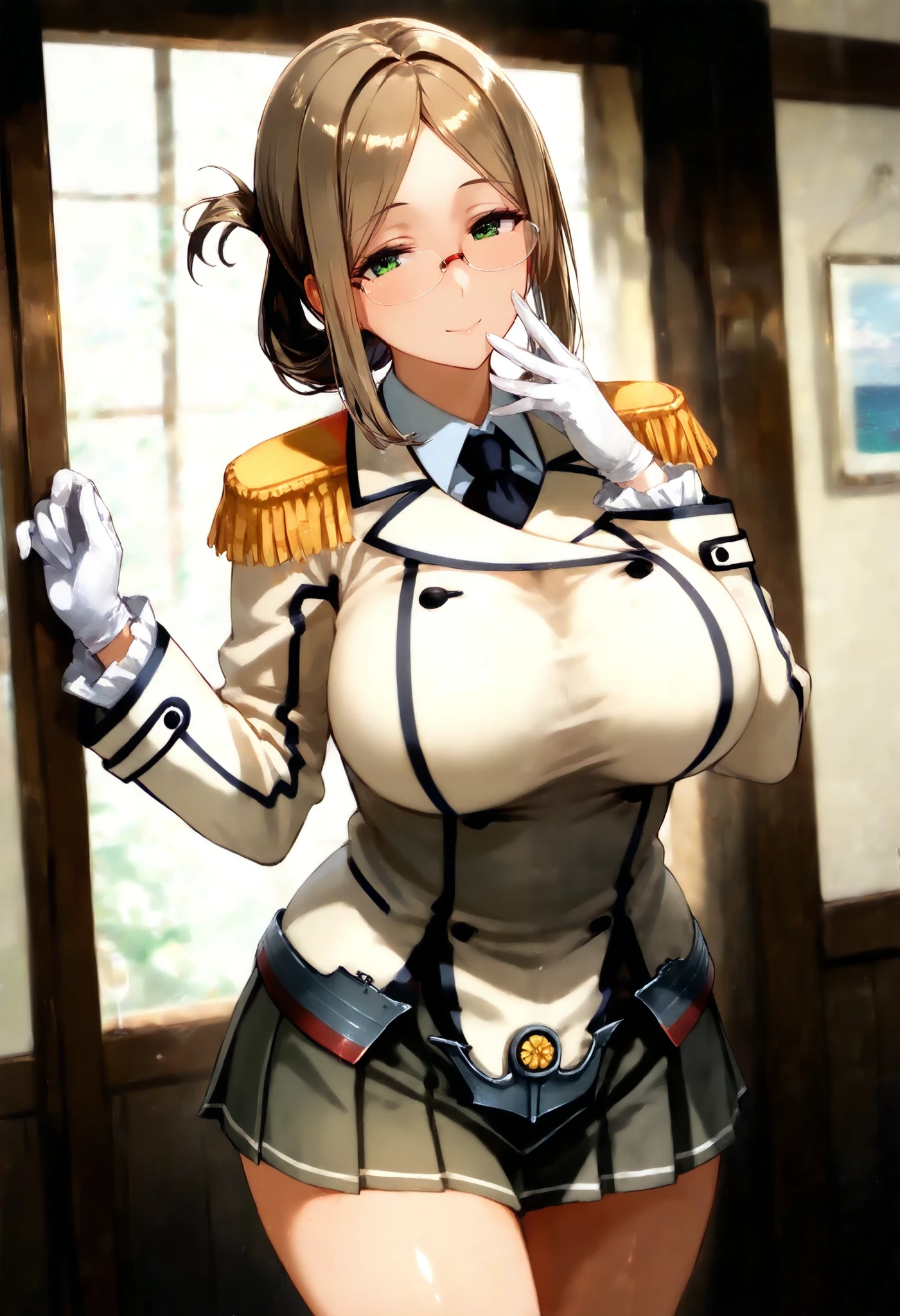 (best quality, masterpiece:1.2), ultra detailed, 1girl, solo, misaki sagging breasts, huge breasts, thick thighs, thin waist, wide hips, curvy figure, voluptuous, smile, blush, arms behind back,(epaulette), long sleeve, military cap, salute, indoors, perfect shadow, looking at viewer, ambient light, depth of field
