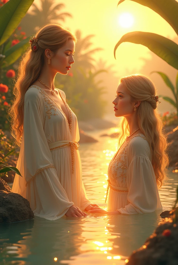 Here’s a prompt based on the image:
"A serene, ethereal scene featuring a delicate elven woman with long flowing blonde hair, pointed ears, and intricate, glowing jewelry. She is gently touching the head of a majestic dragon, its scales glistening with golden light as it gazes back at her with a deep, wise expression. The setting is bathed in soft, warm light, highlighting the intricate details of her ornate gown and the dragon's textured scales. The atmosphere is one of mutual respect and deep, unspoken connection between the two beings, set against a dreamy, mystical background."