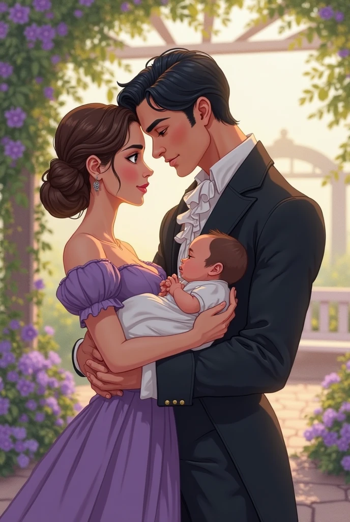 Victorian style illustration of a couple embracing, Black curly haired boy with glasses next to a straight haired girl with glasses