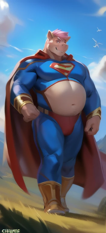 Chubby Grandpa in Superman costume peeing on the fence. (((urine visible)))
