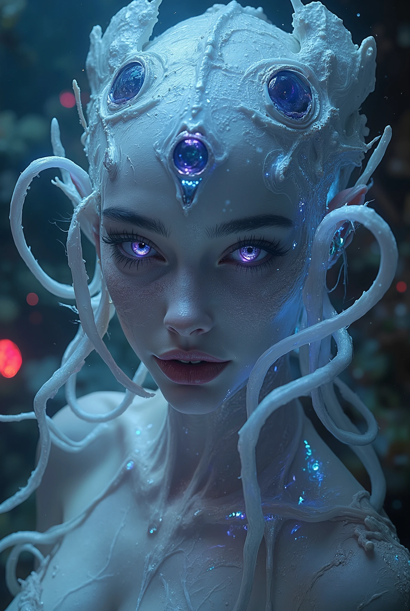 (4 iridescent eyes:1.5), four eyes, scary and sexy detailed art in color, Portrait, (beautiful and obscene female alien:1.4), (vulgarity1.7), (Translucent white skin:1.4), (There is a female genital-like organ in the middle of the forehead:2.3), (The most beautiful face in the history of the universe:1.2), an evil gaze that seduces, (sharp vampire teeth :1.0), Full body portrait, (bio luminescent:1.2),(Lots of translucent tentacles:1.8) , Neon Colored, in the deep sea, dramatic pose, four eyes,
