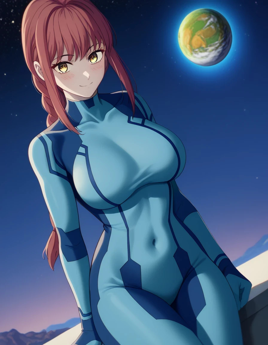 score 9 、score 8 up、score 7 up、source anime、masterpiece、top quality、high resolution、high image quality、1woman、Makima、Makima、Alone、 red hair 、yellow eyes、long hair、bungs、braided ponytail hair、ringed eyes、Big Breasts、very large breasts、、Samus Aran cosplay、Samus Aran \(cosplay\)、blue bodysuit、bodysuit、covered navel、covered midriff、covered stomach、covered collarbone、covered thighs、skin tight、Zero Suit、space、Planet、earth \(Planet\)、Star \(sky\)、galaxy、nebula、moon、blush、smile、looking at viewer、woman's focus、cowboy shot、dutch angle shot、