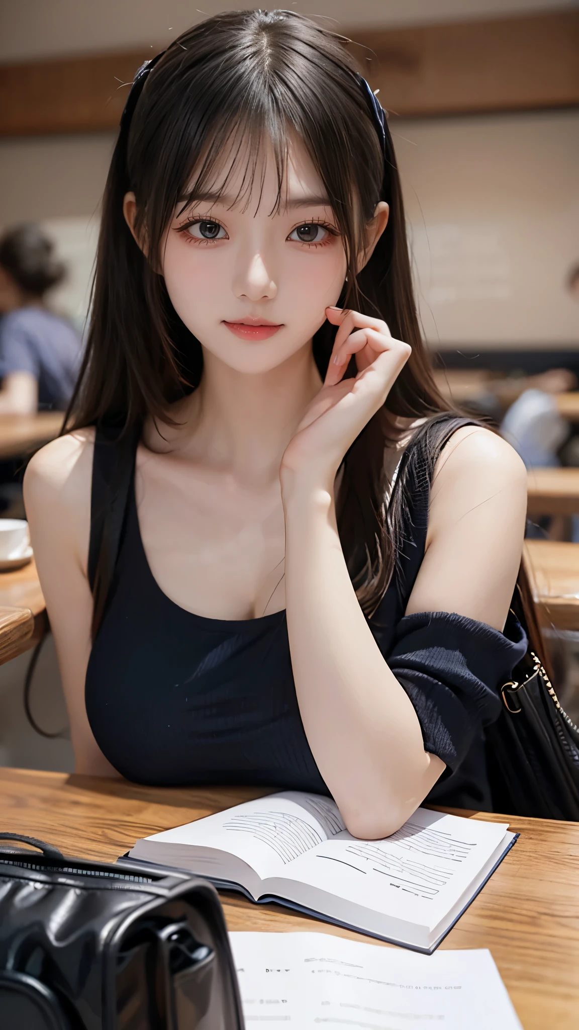 ((Dable Top)), (((Beautiful breasts on the tabletop, Breast bag, breasts on table))), (, Young FacHOOL GIRLS)、(Sleeveless Elegant Outfit、Pencil Skirt), black hair, (Beautiful Girl Sitting In A Stylish Coffee Shop)、((slender body line)), (detailed hands:1.3, perfect right hand:1.3, fine fingertips down to the smallest detail:1.1), top quality, 8k, RAW photos , reality, Ultra Fine, (detailed eyes and face:1.2, professional photography techniques), (looks at the viewer, Mischievous Smile), (perfect anatomy:1.3)
